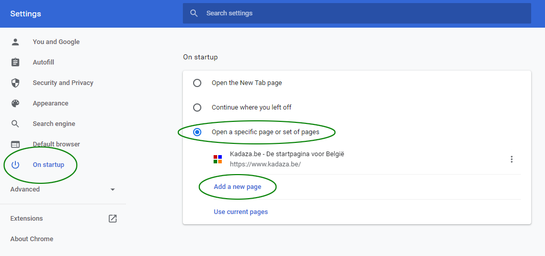 Kadaza instellen bij opstarten van Chrome